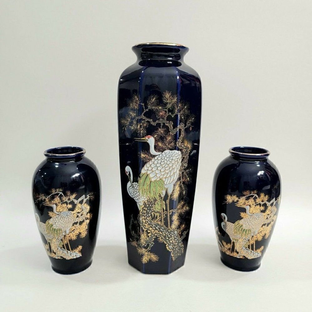3 - Vintage ARTMARK Cobalt Blue Peacock Porcelain Vase Gold Trim JAPAN 11"/ 6"